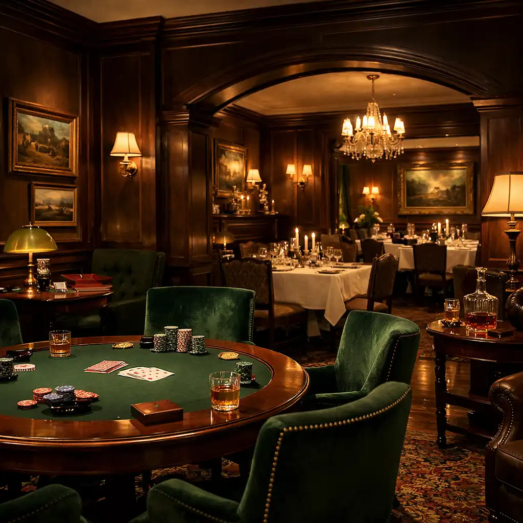 Elegáns Keletoria enteriőr: fine dining terem és privát póker lounge brit klubhangulattal