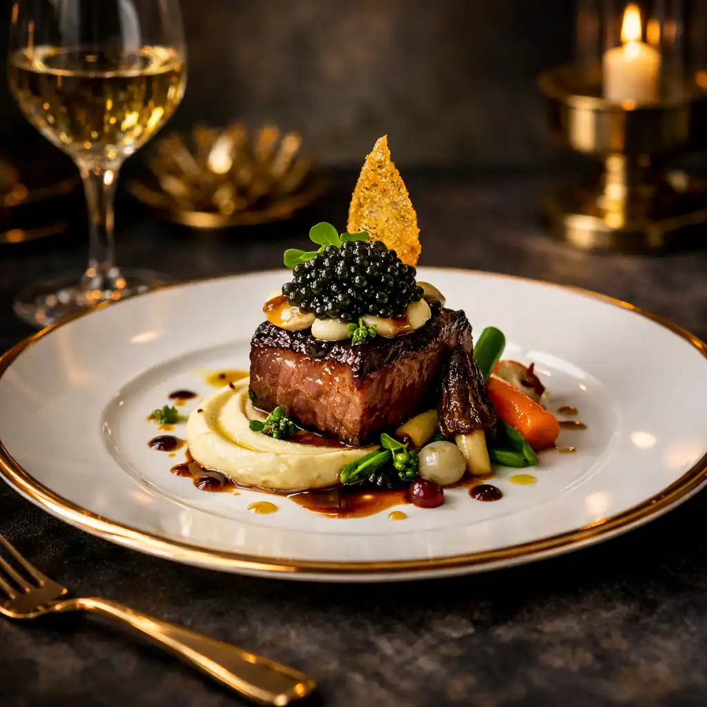Gondosan tálalt fine dining fogás arany részletekkel a tányéron