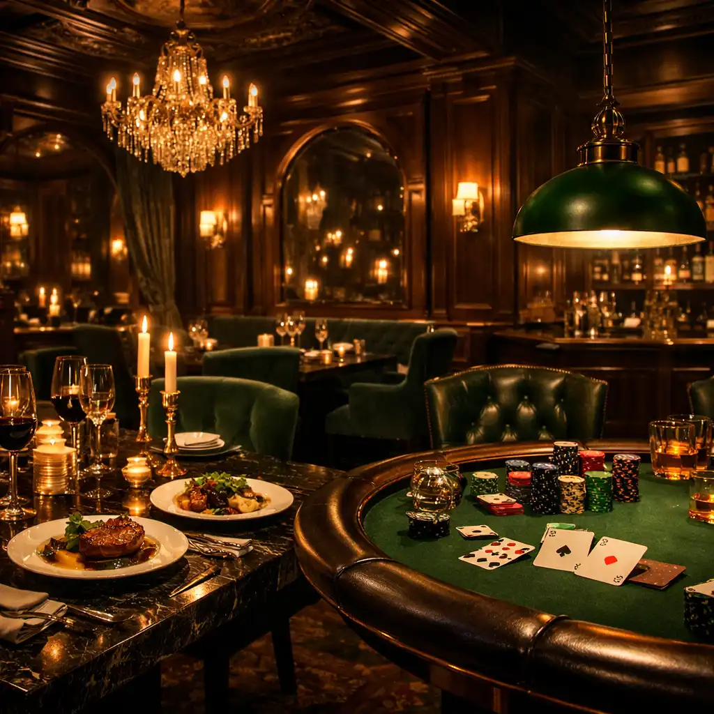 Elegáns, gyertyafényes fine dining asztal, háttérben diszkrét pókerasztal részleteivel