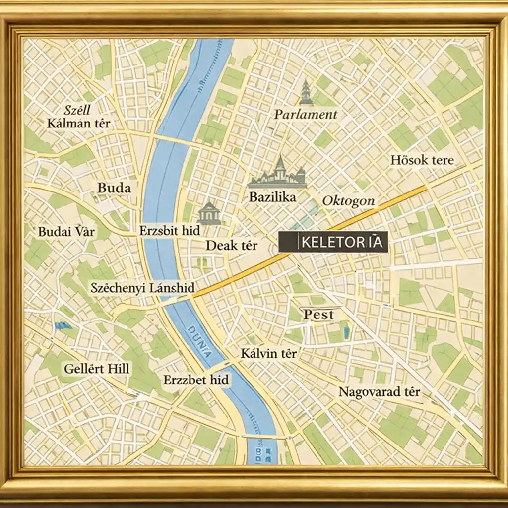 Statikus térkép a Keletoria budapesti elhelyezkedéséről az Andrássy út és a Deák Ferenc tér környezetében